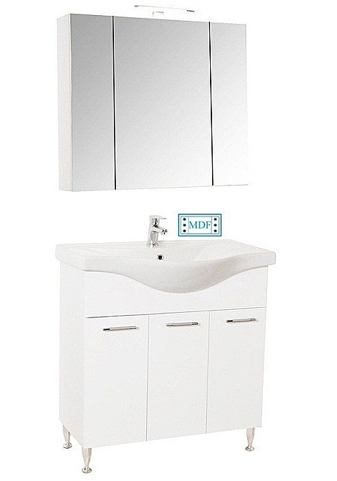 Set mobilier baie cu lavoar GN1531, front MDF cu lavoar ceramic, 80 cm, 3 usi, picioare reglabile cromate, balamale soft close si dulap cu oglinda Celine, PAL, iluminare led, alb [1]
