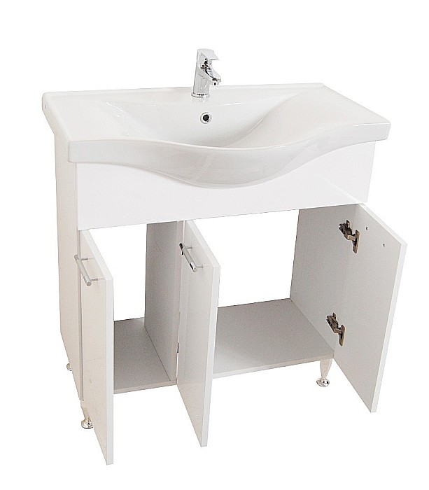Set mobilier baie cu lavoar GN1531, front MDF cu lavoar ceramic, 80 cm, 3 usi, picioare reglabile cromate, balamale soft close si dulap cu oglinda Celine, PAL, iluminare led, alb [4]