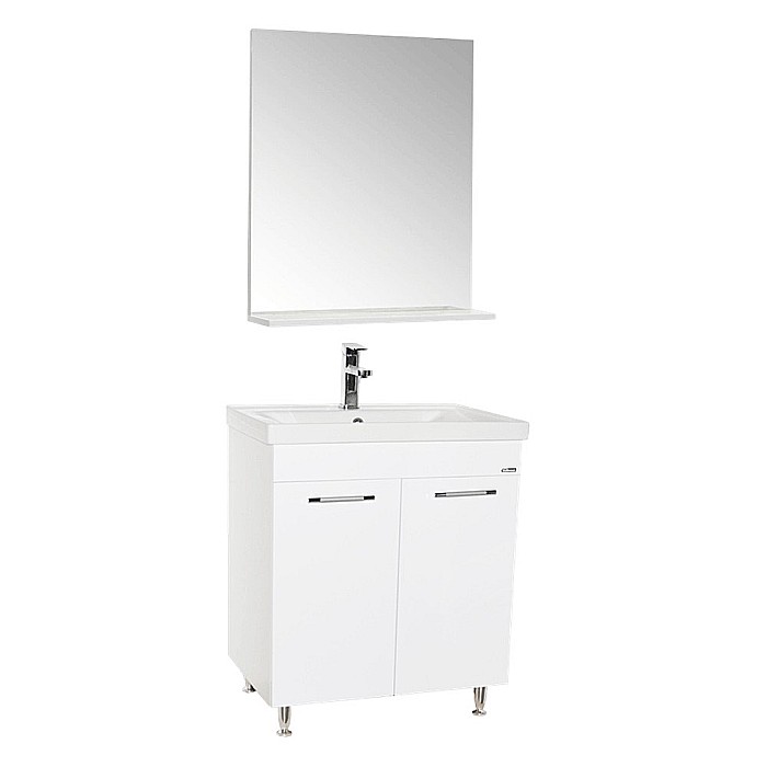 Set mobilier baie GN0541, front MDF, cu lavoar ceramic, 60 cm, 2 usi, 2 rafturi, picioare cromate reglabile, balamale soft close si oglinda cu polita GN0551, dreptunghiulara, PAL, alb [7]