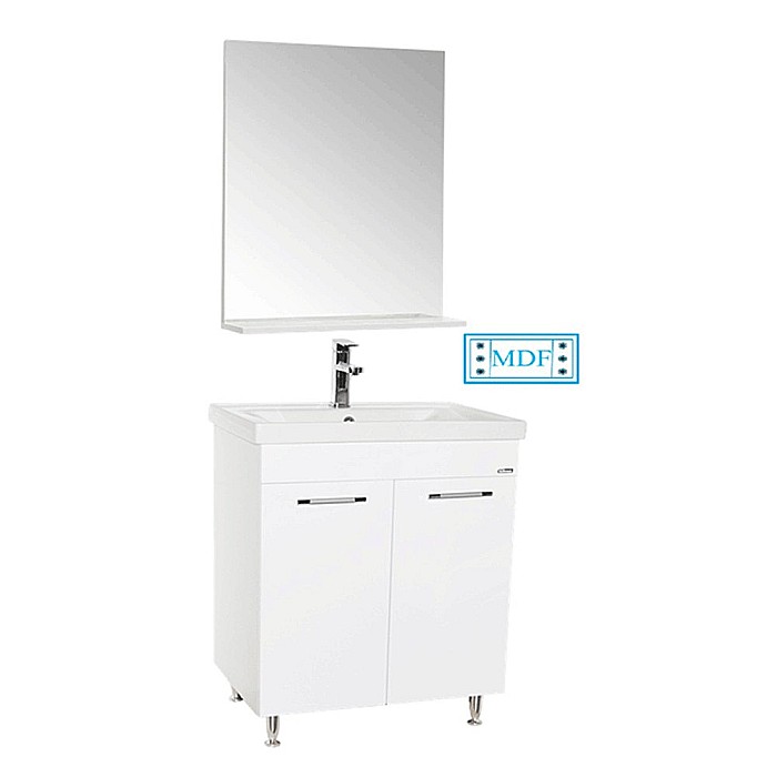 Set mobilier baie GN0541, front MDF, cu lavoar ceramic, 60 cm, 2 usi, 2 rafturi, picioare cromate reglabile, balamale soft close si oglinda cu polita GN0671, dreptunghiulara, PAL, ALB [2]