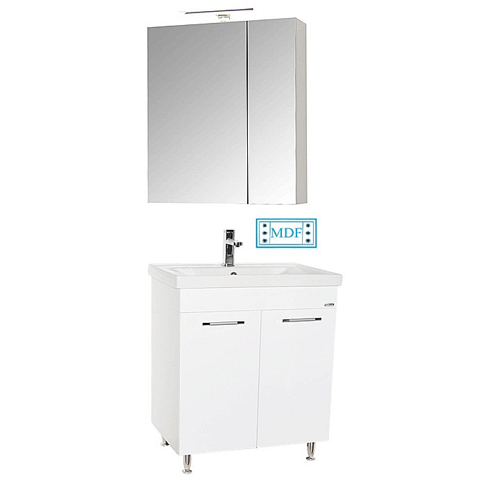 Set mobilier baie GN0541, front MDF, cu lavoar ceramic, 60 cm, 2 usi, 2 rafturi, picioare cromate reglabile, balamale soft close si dulap cu oglinda Celine, PAL, iluminare led, alb [1]