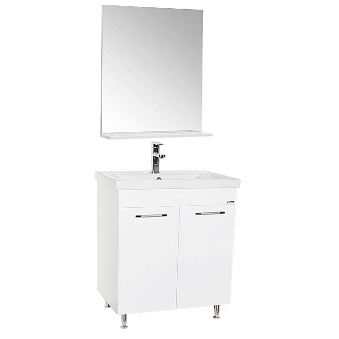 Set mobilier baie GN0541, front MDF, cu lavoar ceramic, 60 cm, 2 usi, 2 rafturi, picioare cromate reglabile, balamale soft close si oglinda cu polita GN0671, dreptunghiulara, PAL, ALB [1]