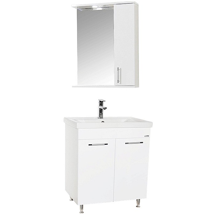 Set mobilier baie GN0541, front MDF, cu lavoar ceramic, 60 cm, 2 usi, 2 rafturi, picioare cromate reglabile, balamale soft close si oglinda cu dulap GN0201, dreptunghiulara, PAL, iluminare led, alb [1]