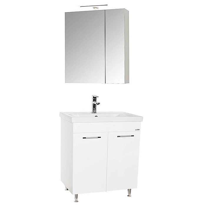 Set mobilier baie GN0541, front MDF, cu lavoar ceramic, 60 cm, 2 usi, 2 rafturi, picioare cromate reglabile, balamale soft close si dulap cu oglinda Celine, PAL, iluminare led, alb [10]