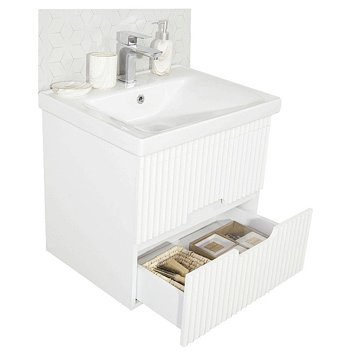Baza si lavoar ceramic GN7091, mobilier baie suspendat 70 cm, dreptunghiular, front MDF riflat, sertare soft close, alb [2]