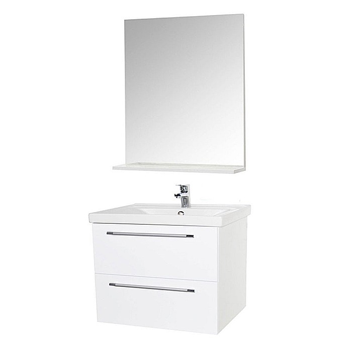 Set mobilier baie suspendat, cu lavoar ceramic, GN0541, front MDF, 60 cm, 2 sertare, glisiere soft close si oglinda cu polita GN0551, dreptunghiulara, PAL, alb [1]