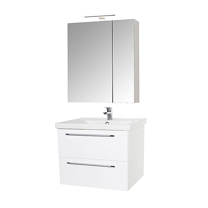 Set mobilier baie suspendat, cu lavoar ceramic, GN0541, front MDF, 60 cm, 2 sertare, glisiere soft close si dulap cu oglinda Celine, PAL, iluminare led, alb [1]