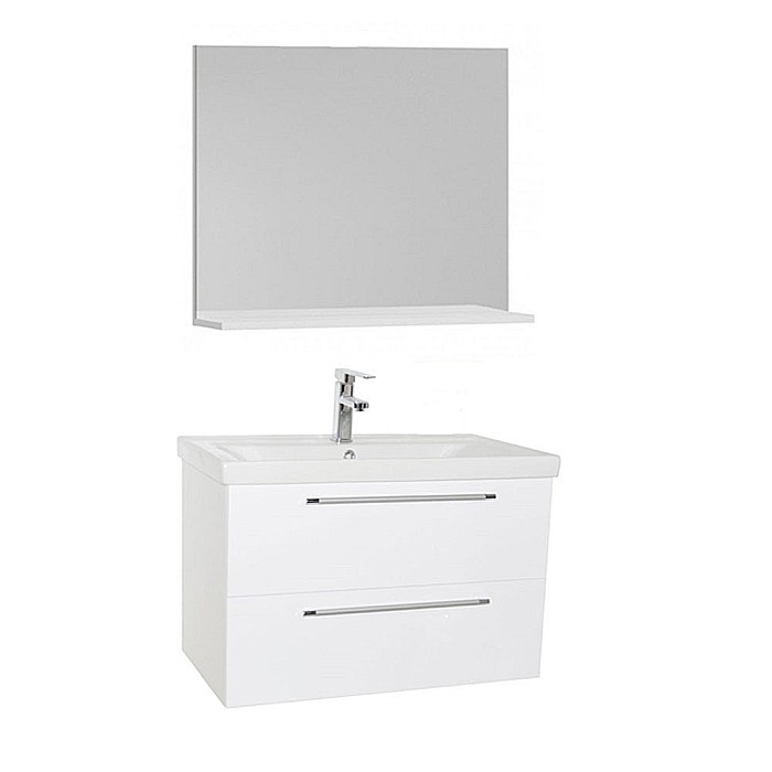 Set mobilier baie suspendat, cu lavoar ceramic, GN0541, front MDF, 80 cm, 2 sertare, glisiere soft close si oglinda cu polita GN0551, PAL, alb [1]