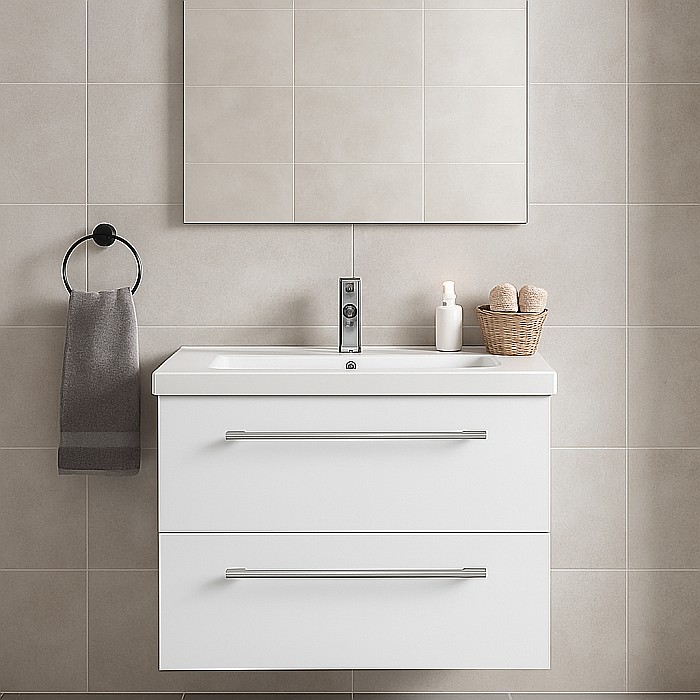 Set mobilier baie suspendat, cu lavoar ceramic, GN0541, front MDF, 60 cm, 2 sertare, glisiere soft close si oglinda cu polita GN0551, dreptunghiulara, PAL, alb [2]