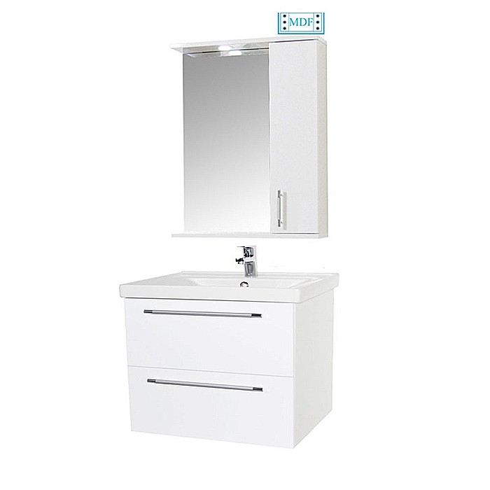 Set mobilier baie suspendat, cu lavoar ceramic, GN0541, front MDF, 60 cm, 2 sertare, glisiere soft close si oglinda cu dulap GN0201, dreptunghiulara, PAL, iluminare led, 2 rafturi, alb [1]
