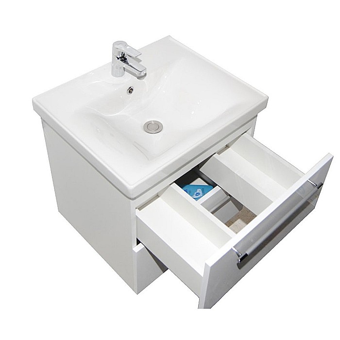 Set mobilier baie suspendat, cu lavoar ceramic, GN0541, front MDF, 70 cm, 2 sertare, glisiere soft close si dulap cu oglinda Celine, PAL, iluminare led, alb [5]