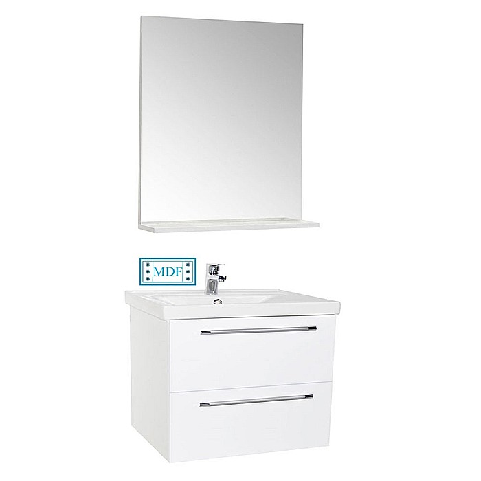 Set mobilier baie suspendat, cu lavoar ceramic, GN0541, front MDF, 70 cm, 2 sertare, glisiere soft close si oglinda cu polita GN0551, dreptunghiulara, PAL, alb [1]