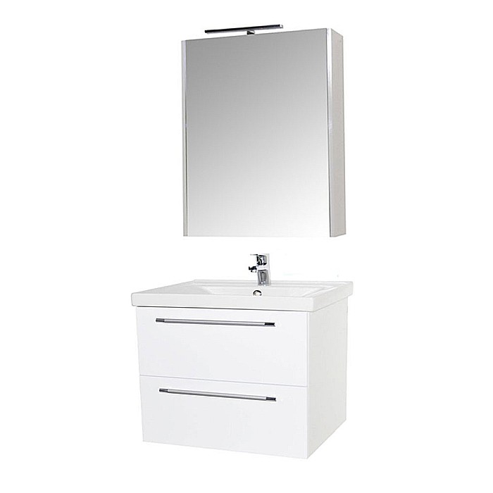 Set mobilier baie suspendat, cu lavoar ceramic, GN0541, front MDF, 60 cm, 2 sertare, glisiere soft close si dulap cu oglinda GN5011, MDF, iluminare led,cu usa, 3 rafturi, alb [1]