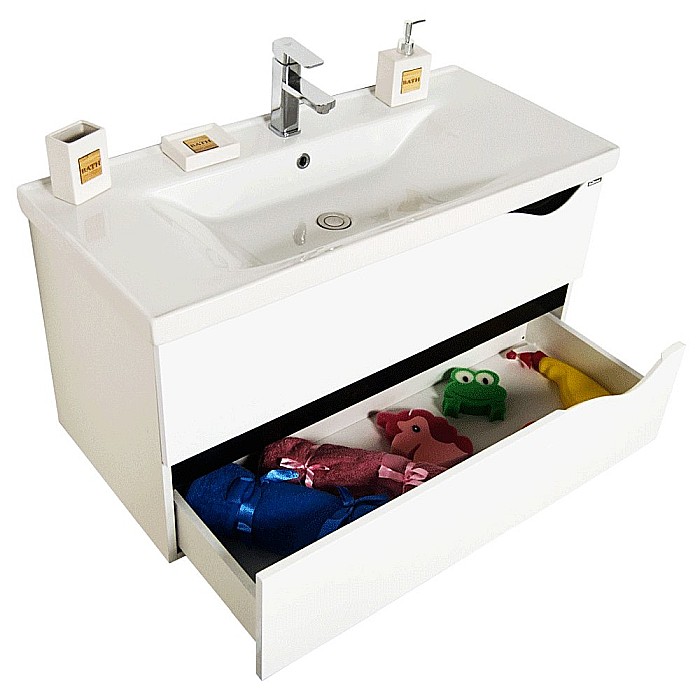 Set mobilier baie suspendat GN0971, front MDF cu lavoar ceramic, 90 cm, 2 sertare, glisiere soft close si dulap cu oglinda Celine, PAL, iluminare led, alb [8]