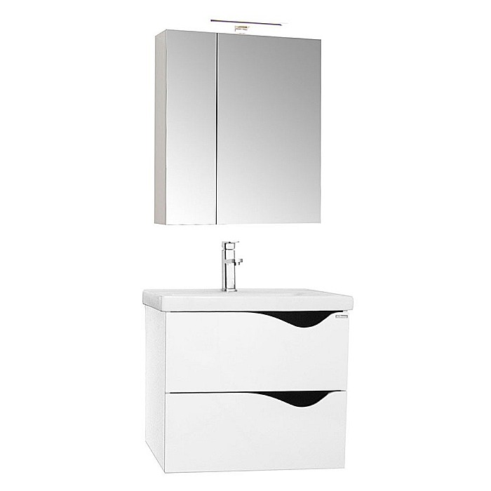 Set mobilier baie suspendat GN0971, front MDF cu lavoar ceramic, 70 cm, 2 sertare, glisiere soft close si dulap cu oglinda Celine, PAL, iluminare led, alb [6]