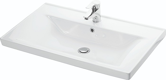 Set mobilier baie suspendat GN0971, front MDF cu lavoar ceramic, 80 cm, 2 sertare, glisiere soft close si oglinda cu polita GN0551, dreptunghiulara, PAL, alb [4]