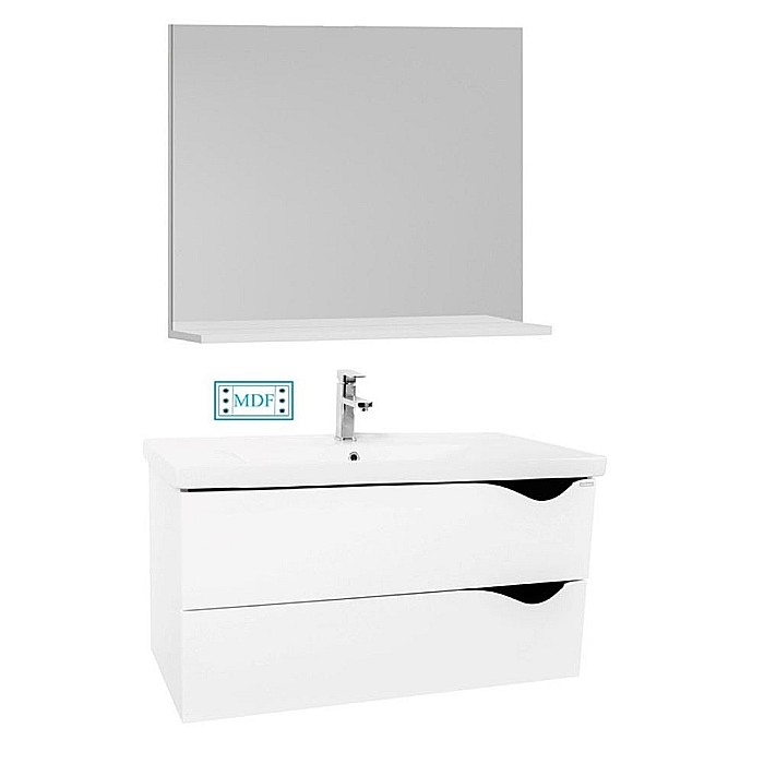 Set mobilier baie suspendat GN0971, front MDF cu lavoar ceramic, 80 cm, 2 sertare, glisiere soft close si oglinda cu polita GN0551, dreptunghiulara, PAL, alb [1]