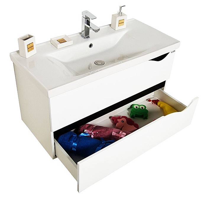 Set mobilier baie suspendat GN0971, front MDF cu lavoar ceramic, 80 cm, 2 sertare, glisiere soft close si oglinda cu polita GN0551, dreptunghiulara, PAL, alb [7]