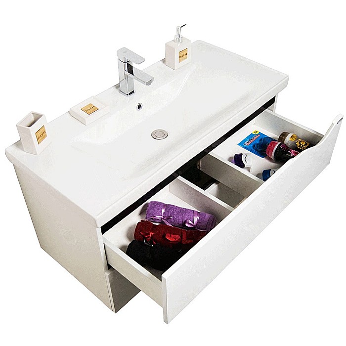 Set mobilier baie suspendat GN0971, front MDF cu lavoar ceramic, 90 cm, 2 sertare, glisiere soft close si dulap cu oglinda Celine, PAL, iluminare led, alb [7]