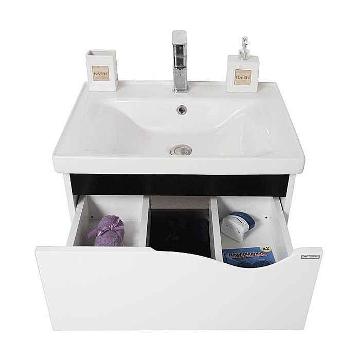 Set mobilier baie suspendat GN0971, front MDF cu lavoar ceramic, 70 cm, 2 sertare, glisiere soft close si dulap cu oglinda Celine, PAL, iluminare led, alb [8]