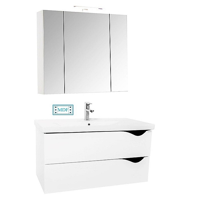 Set mobilier baie suspendat GN0971, front MDF cu lavoar ceramic, 80 cm, 2 sertare, glisiere soft close si dulap cu oglinda Celine, PAL, iluminare led, alb [1]