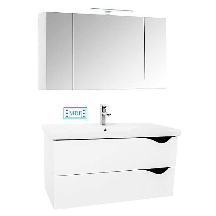 Set mobilier baie suspendat GN0971, front MDF cu lavoar ceramic, 90 cm, 2 sertare, glisiere soft close si dulap cu oglinda Celine, PAL, iluminare led, alb [2]