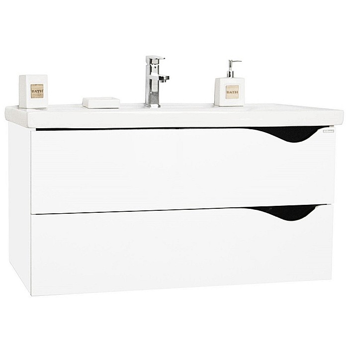 Set mobilier baie suspendat GN0971, front MDF cu lavoar ceramic, 90 cm, 2 sertare, glisiere soft close si dulap cu oglinda Celine, PAL, iluminare led, alb [9]