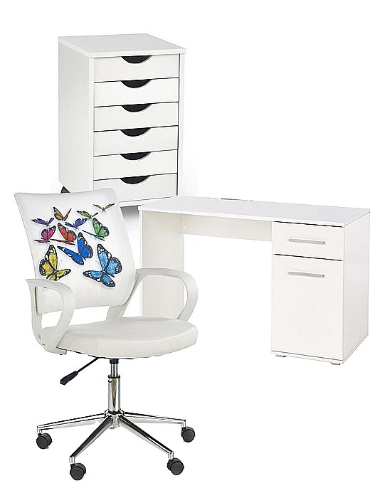 Set mobilier birou copii HM Lima B1, PAL lucios, spatii depozitare, cu scaun HM Ibis Butterfly, stofa/piele ecologica, 100 kg si dulapior rulant HM Simon 2, cu roti, front MDF, alb [1]