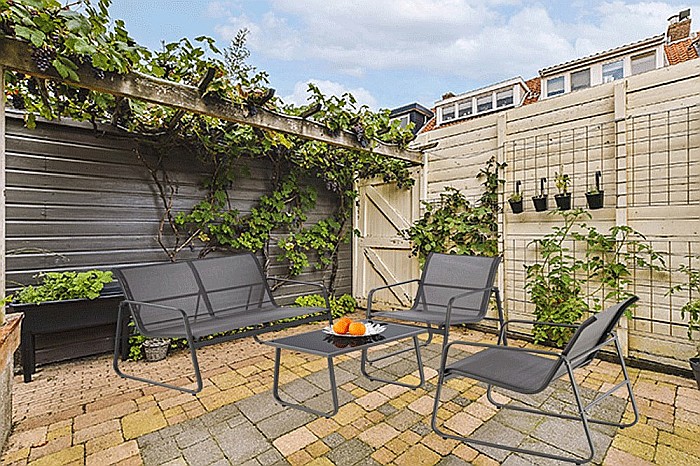 Set mobilier de gradina si terasa HM Conor, metalic, tapiterie textilena, cu canapea, fotolii si masuta cafea, 4 persoane, gri inchis [3]