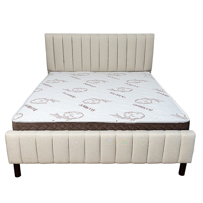 Set pat dublu Erzon, elemente lemn masiv, tapitat cu stofa, cu somiera, crem si saltea ortopedica Optima Bamboo, margine antilasare, banda aerisire, 160x200 cm [9]