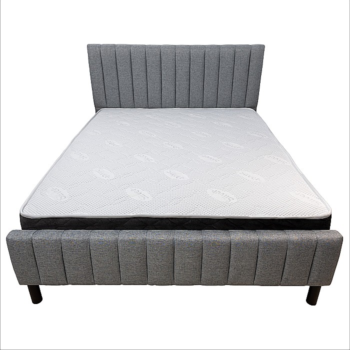 Set pat dublu Erzon, elemente lemn masiv, tapitat cu stofa, somiera inclusa, gri si saltea ortopedica Optima Silver Care, plasa de arcuri, reversibila,140x200 cm [3]