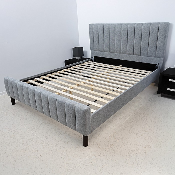 Set pat dublu Erzon, elemente lemn masiv, tapitat cu stofa, somiera inclusa, gri si saltea ortopedica Optima Silver Care, plasa de arcuri, reversibila,140x200 cm [7]