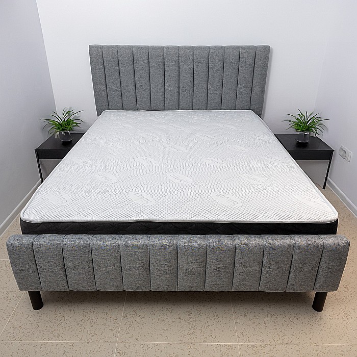 Set pat dublu Erzon, elemente lemn masiv, tapitat cu stofa, somiera inclusa, gri si saltea ortopedica Optima Silver Care, plasa de arcuri, reversibila,160x200 cm [2]