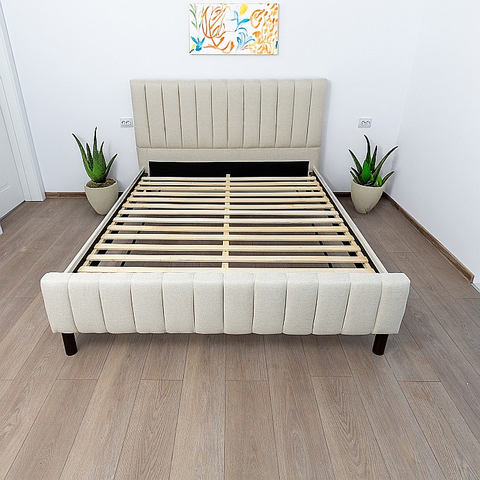 Set pat dublu Erzon, elemente lemn masiv, tapitat cu stofa, cu somiera, crem si saltea ortopedica Optima Bamboo, margine antilasare, banda aerisire, 160x200 cm [3]