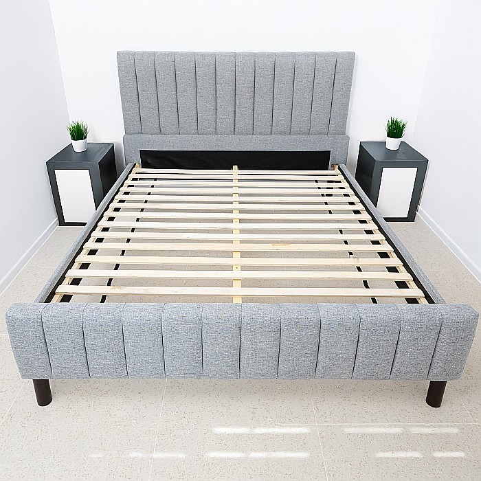 Set pat dublu Erzon, elemente lemn masiv, tapitat cu stofa, somiera inclusa, gri si saltea ortopedica Optima Silver Care, plasa de arcuri, reversibila,160x200 cm [4]