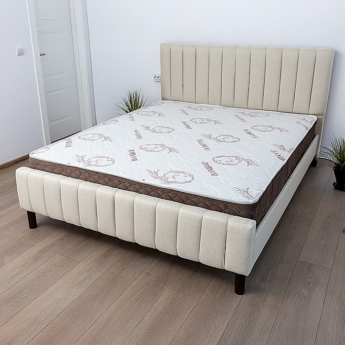 Set pat dublu Erzon, elemente lemn masiv, tapitat cu stofa, cu somiera, crem si saltea ortopedica Optima Bamboo, margine antilasare, banda aerisire, 160x200 cm [2]