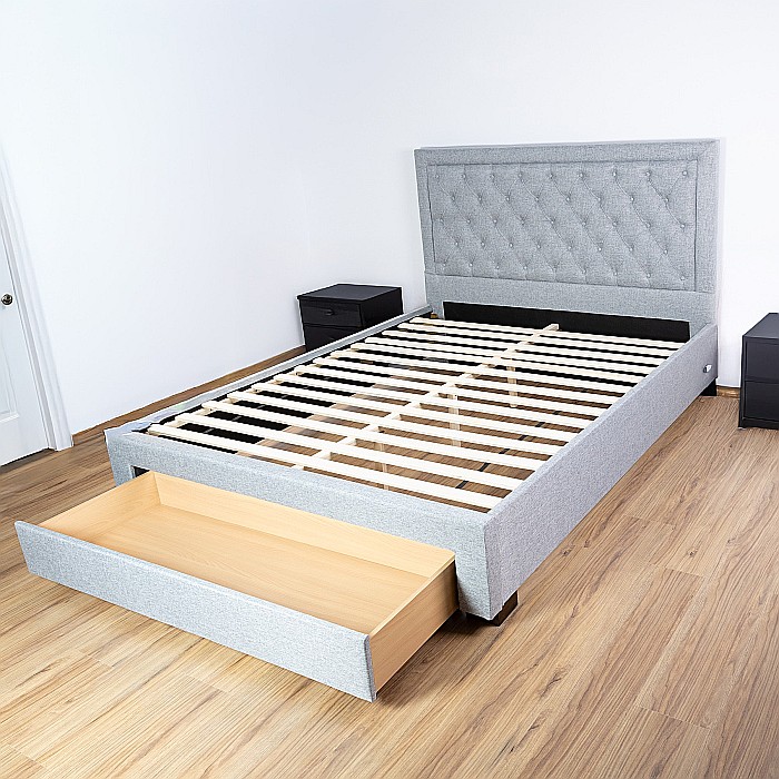 Set pat matrimonial cu sertar Austin, elemente lemn masiv, tapitat cu stofa, cu somiera, gri si saltea ortopedica Optima Silver, arcuri, margine antilasare, sistem de aerisire,160x200 cm [3]