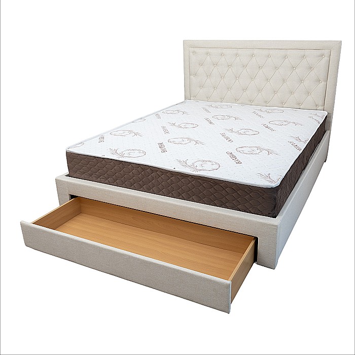 Set pat matrimonial cu sertar Austin, elemente lemn masiv, tapitat cu stofa, cu somiera, crem si saltea ortopedica Optima Bamboo, arcuri, margine antilasare, sistem de aerisire 140x200 cm [3]