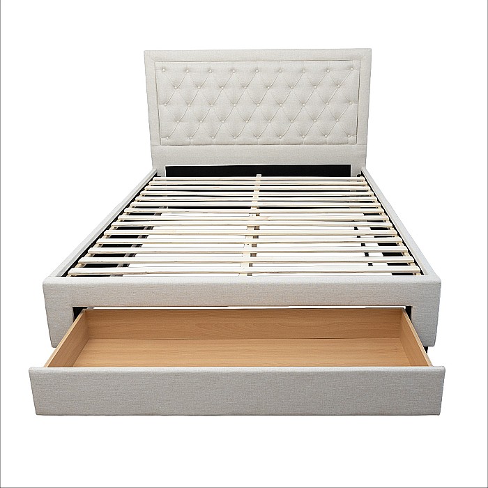 Set pat matrimonial cu sertar Austin, elemente lemn masiv, tapitat cu stofa, cu somiera, crem si saltea ortopedica Optima Bamboo, arcuri, margine antilasare, sistem de aerisire 160x200 cm [10]