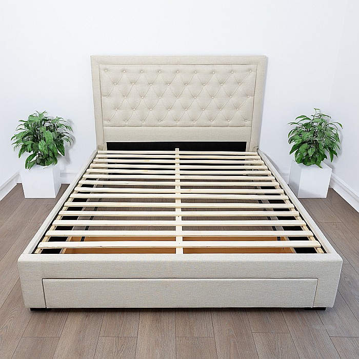 Set pat matrimonial cu sertar Austin, elemente lemn masiv, tapitat cu stofa, cu somiera, crem si saltea ortopedica Optima Bamboo, arcuri, margine antilasare, sistem de aerisire 160x200 cm [6]