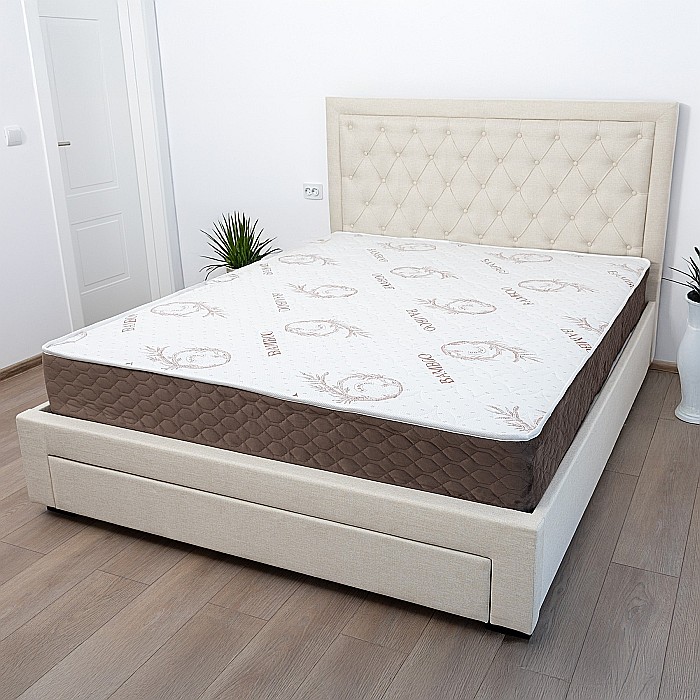 Set pat matrimonial cu sertar Austin, elemente lemn masiv, tapitat cu stofa, cu somiera, crem si saltea ortopedica Optima Bamboo, arcuri, margine antilasare, sistem de aerisire 160x200 cm [2]