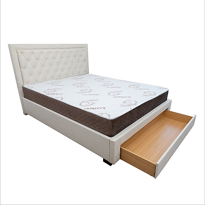 Set pat matrimonial cu sertar Austin, elemente lemn masiv, tapitat cu stofa, cu somiera, crem si saltea ortopedica Optima Bamboo, arcuri, margine antilasare, sistem de aerisire 140x200 cm [15]