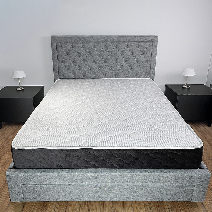 Set pat matrimonial cu sertar Austin, elemente lemn masiv, tapitat cu stofa, cu somiera, gri si saltea ortopedica Optima Silver, arcuri, margine antilasare, sistem de aerisire,160x200 cm [1]