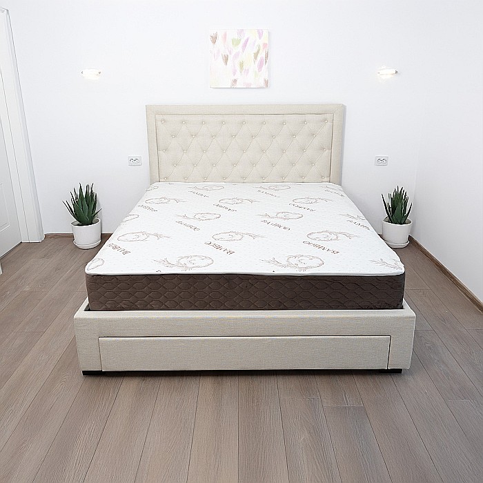 Set pat matrimonial cu sertar Austin, elemente lemn masiv, tapitat cu stofa, cu somiera, crem si saltea ortopedica Optima Bamboo, arcuri, margine antilasare, sistem de aerisire 160x200 cm [12]