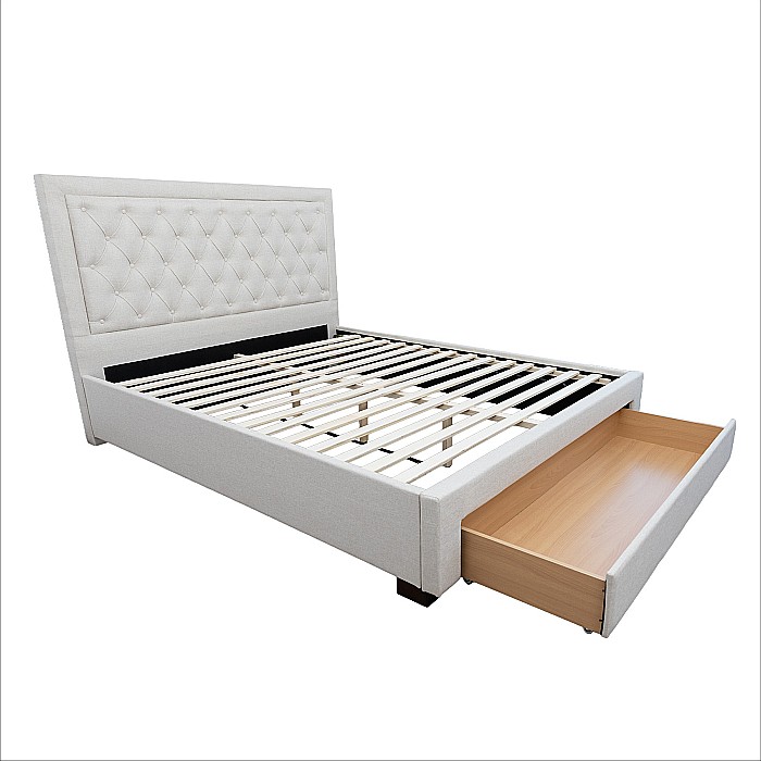 Set pat matrimonial cu sertar Austin, elemente lemn masiv, tapitat cu stofa, cu somiera, crem si saltea ortopedica Optima Bamboo, arcuri, margine antilasare, sistem de aerisire 160x200 cm [7]