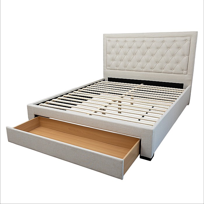 Set pat matrimonial cu sertar Austin, elemente lemn masiv, tapitat cu stofa, cu somiera, crem si saltea ortopedica Optima Bamboo, arcuri, margine antilasare, sistem de aerisire 140x200 cm [9]