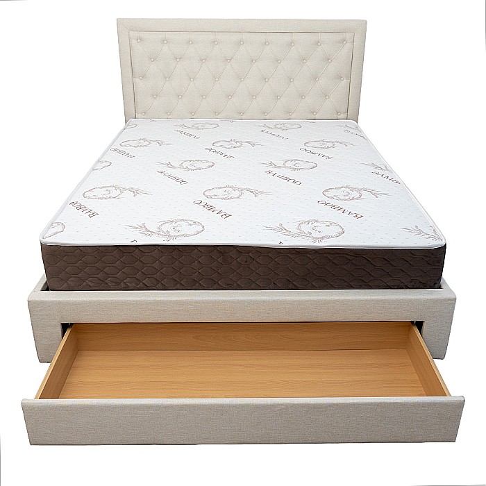 Set pat matrimonial cu sertar Austin, elemente lemn masiv, tapitat cu stofa, cu somiera, crem si saltea ortopedica Optima Bamboo, arcuri, margine antilasare, sistem de aerisire 140x200 cm [16]