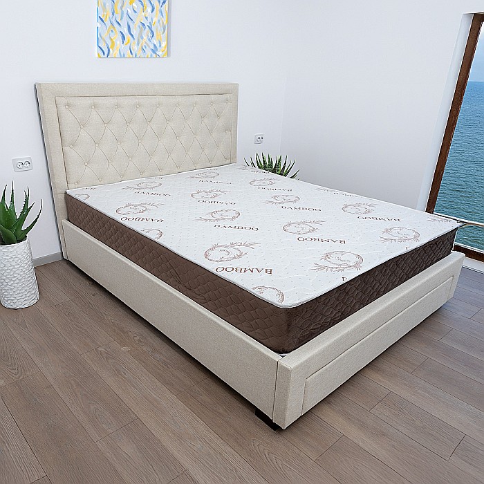 Set pat matrimonial cu sertar Austin, elemente lemn masiv, tapitat cu stofa, cu somiera, crem si saltea ortopedica Optima Bamboo, arcuri, margine antilasare, sistem de aerisire 160x200 cm [1]