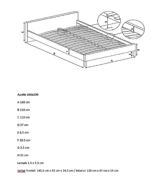 Set pat matrimonial cu sertar Austin, elemente lemn masiv, tapitat cu stofa, cu somiera, gri si saltea ortopedica Optima Silver, arcuri, margine antilasare, sistem de aerisire,160x200 cm [17]