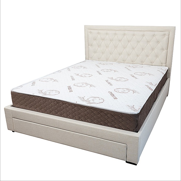 Set pat matrimonial cu sertar Austin, elemente lemn masiv, tapitat cu stofa, cu somiera, crem si saltea ortopedica Optima Bamboo, arcuri, margine antilasare, sistem de aerisire 140x200 cm [14]